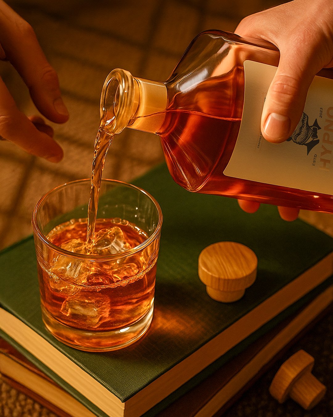 Hypnotize social post: whisky poured over ice on a stack of books