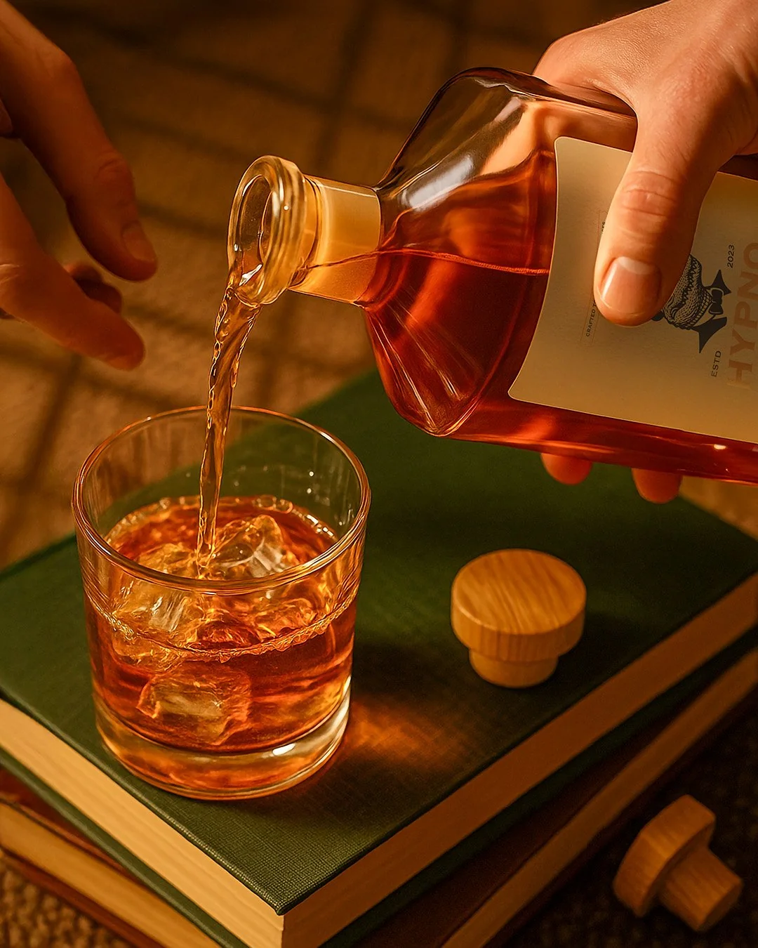 Hypnotize social post: whisky poured over ice on a stack of books
