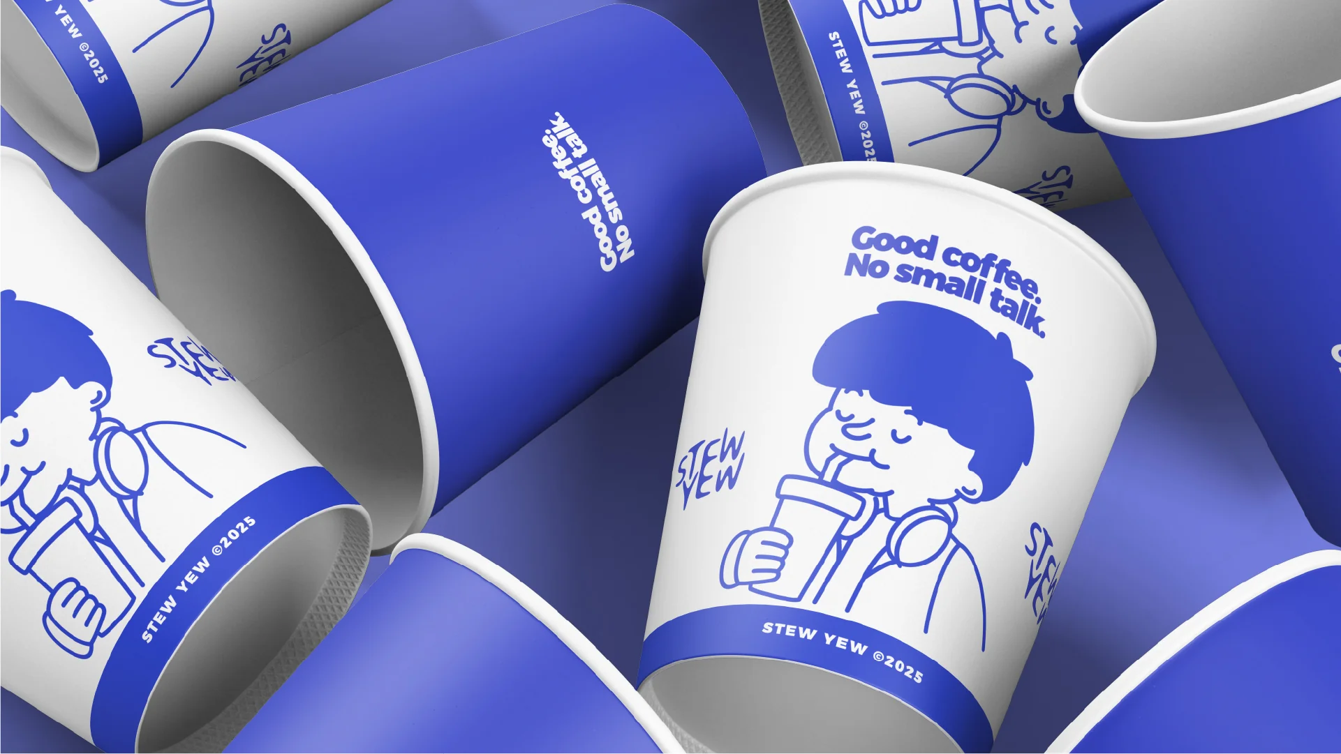 Stew Yew mascot illustration on stacked cups