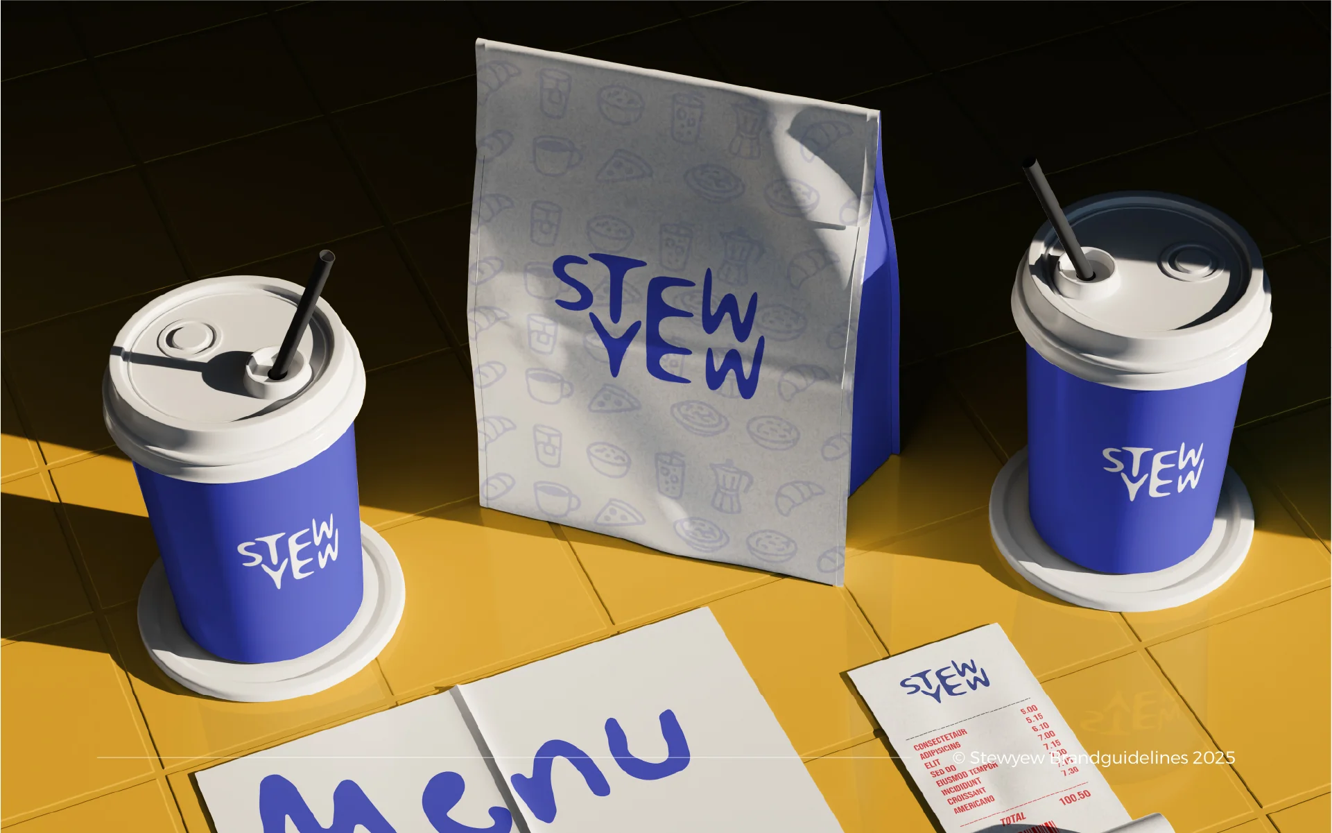 Stew Yew cups, takeaway bag, menu, and receipt flat lay