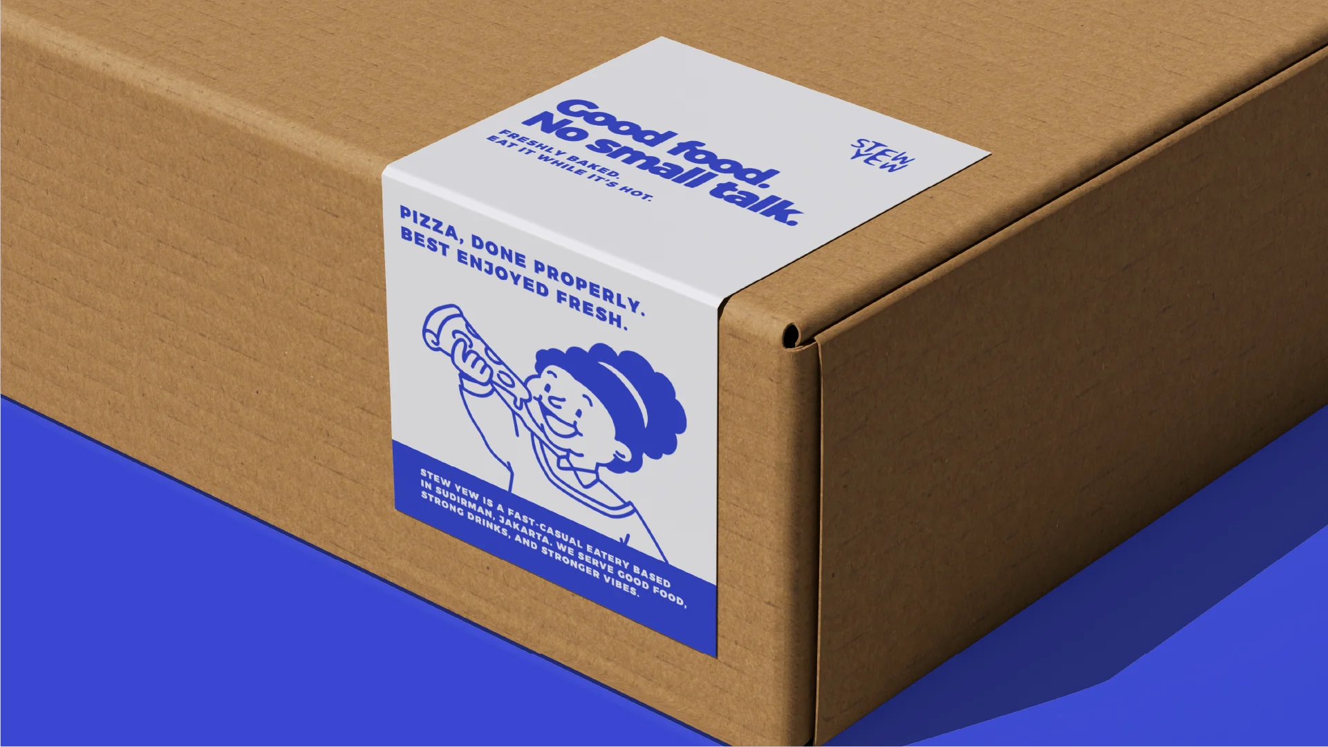 Stew Yew pizza box mockup with Good food, no small talk tagline