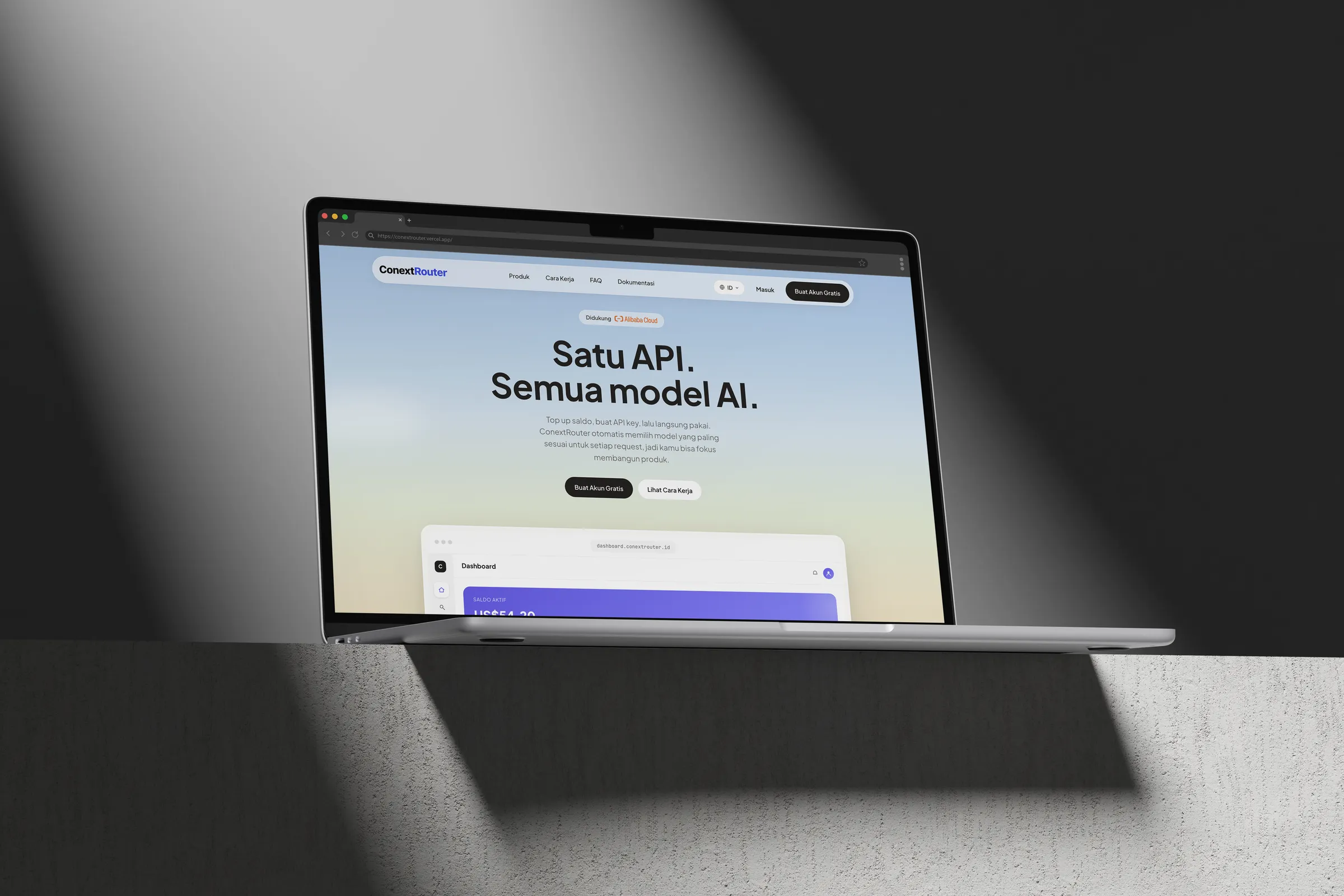 ConextRouter landing page on a laptop